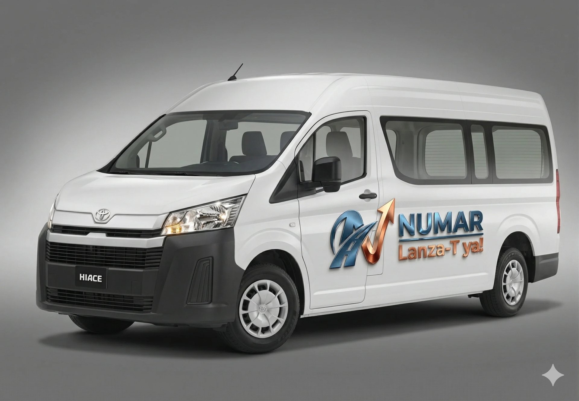 White Toyota Hiace van with Numar Lanzx-Type branding and logo on the side